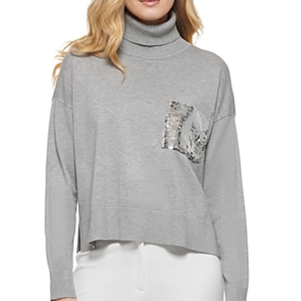 NWT DKNY Sequin Pocket Grey Turtleneck Sweater, Size XL